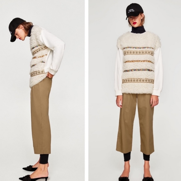 Zara Embroidered Embellished Shaggy Sweater Mongolian Shearling Fur Look - Picture 3 of 10